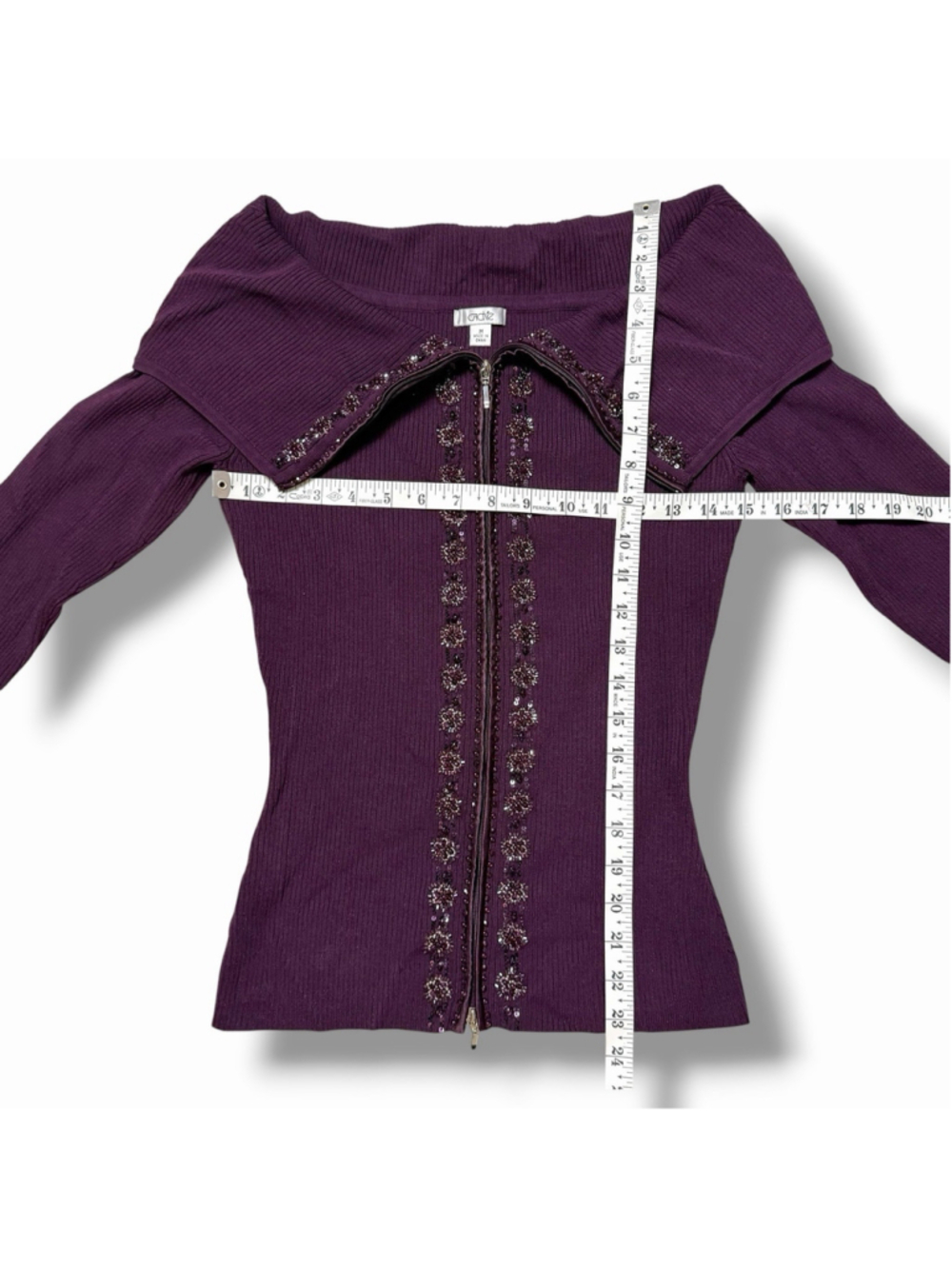 Cache Y2K 90s Purple M Gabrielle Solis Off Shoulder Beaded Zip Up Sweater Ribbed - Picture 7 of 16